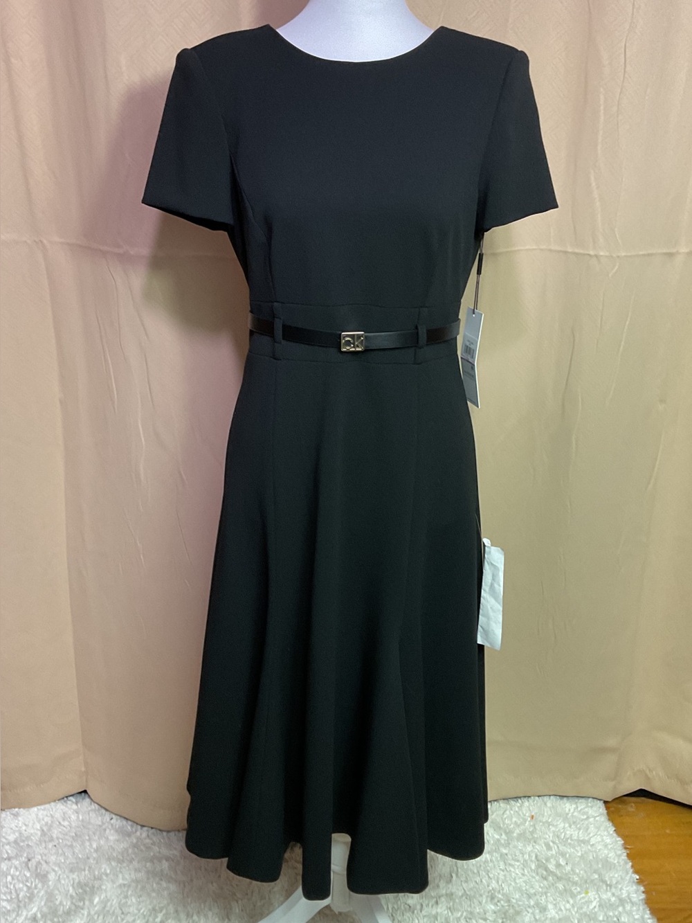 Calvin Klein Classic Black Fit-and-Flare Dress with Belt